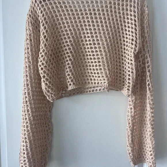 Vici Tan Crochet Cropped Sweater Beach Cover Up - Picture 5 of 7